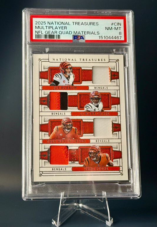 Joe Burrow Ja'Marr Chase 2025 National Treasures Quad Patch /99 PSA 8